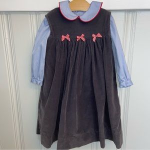 Mondays Child’s Gray Corduroy jumper and blue chambray blouse set red trim